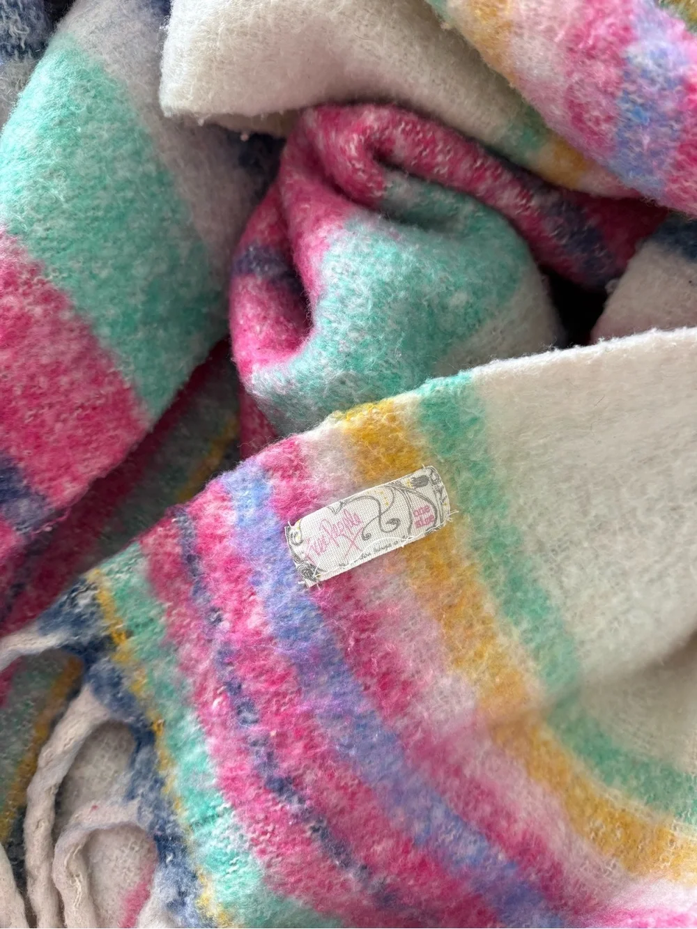 Free People Ivory Multi Striped Fringe Throw Blanket
